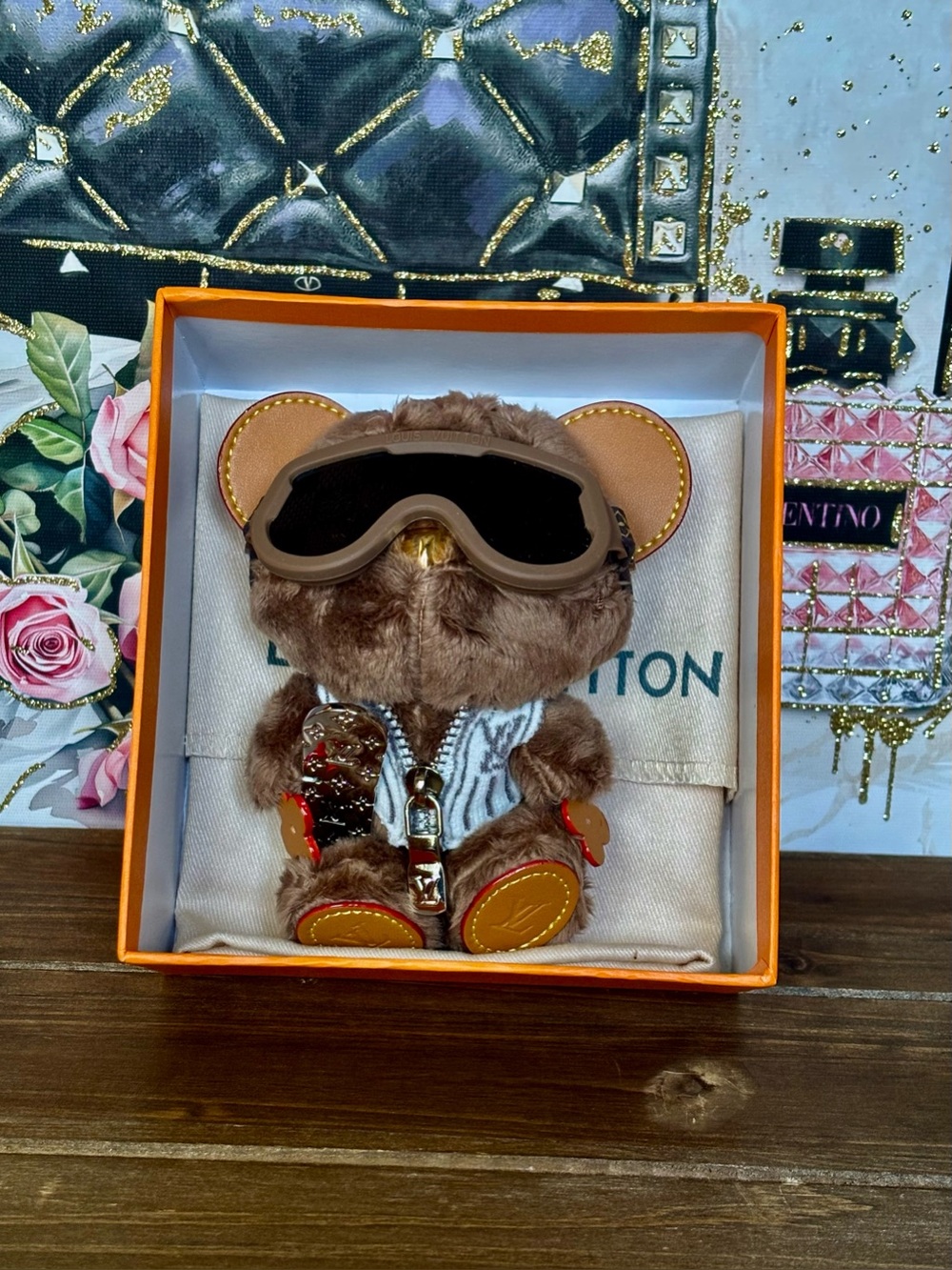 LV Adorable Brown Furry Bear Keychain with Goggles
